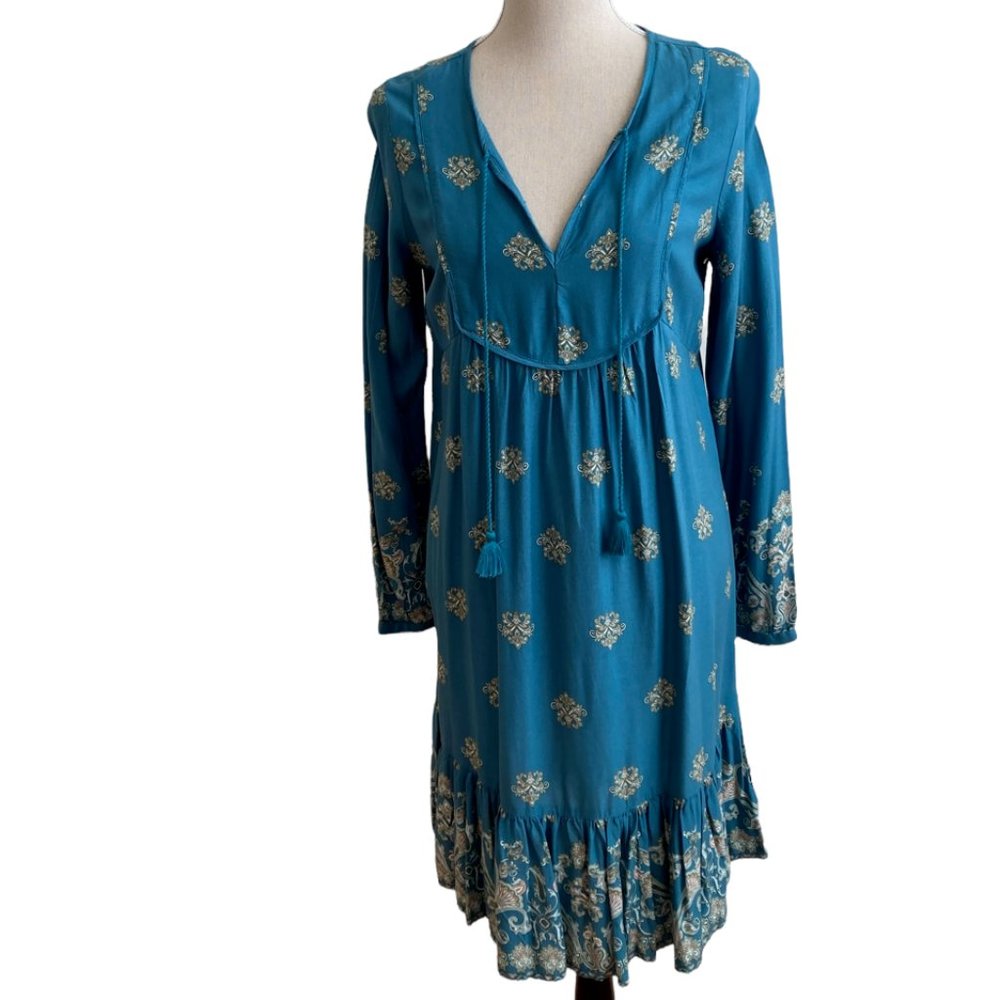 Time and Tru Teal Print  Boho Dress Size Small
